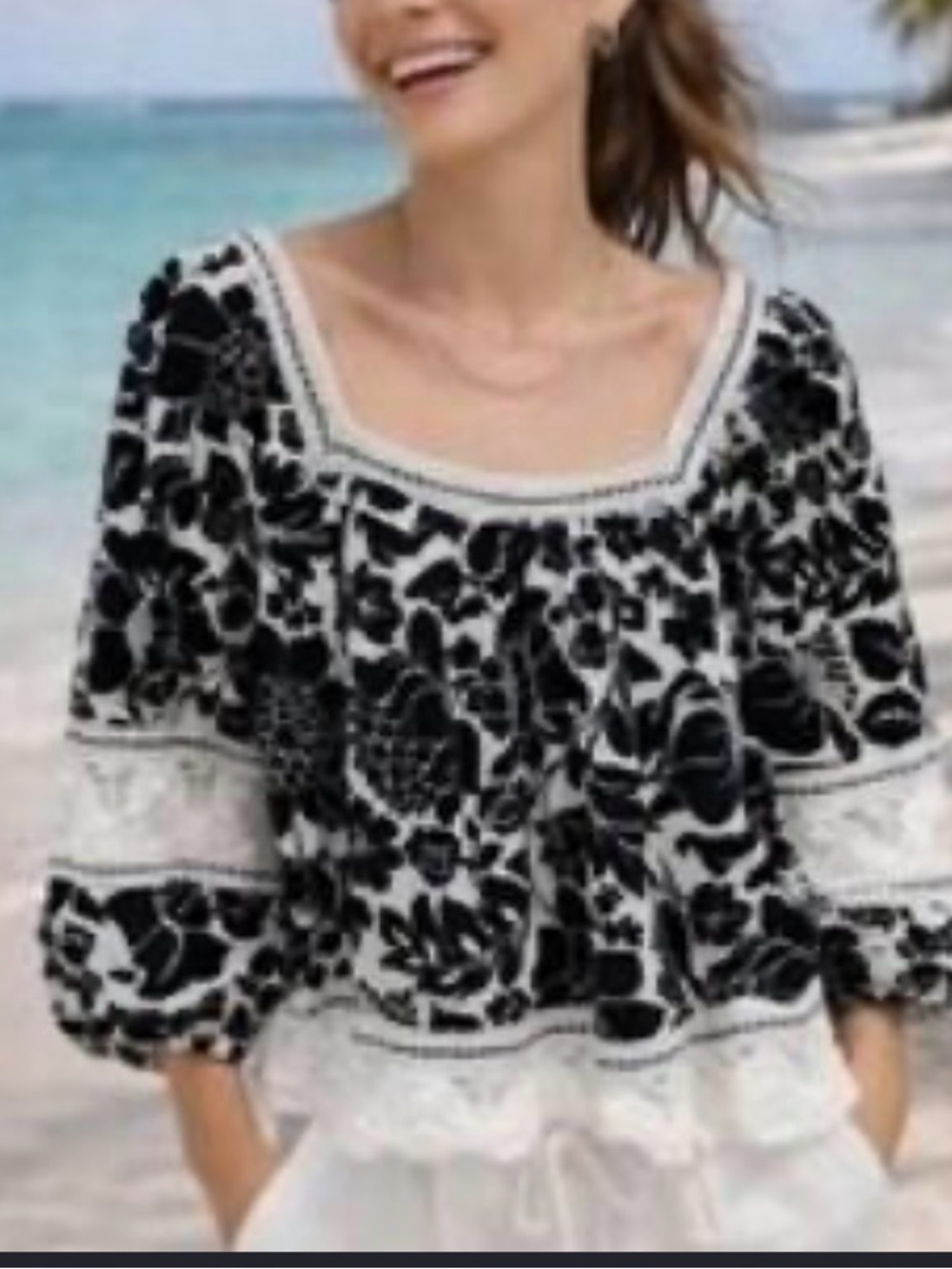 Rachel Zoe Black and White Floral Square-Neck Blouse